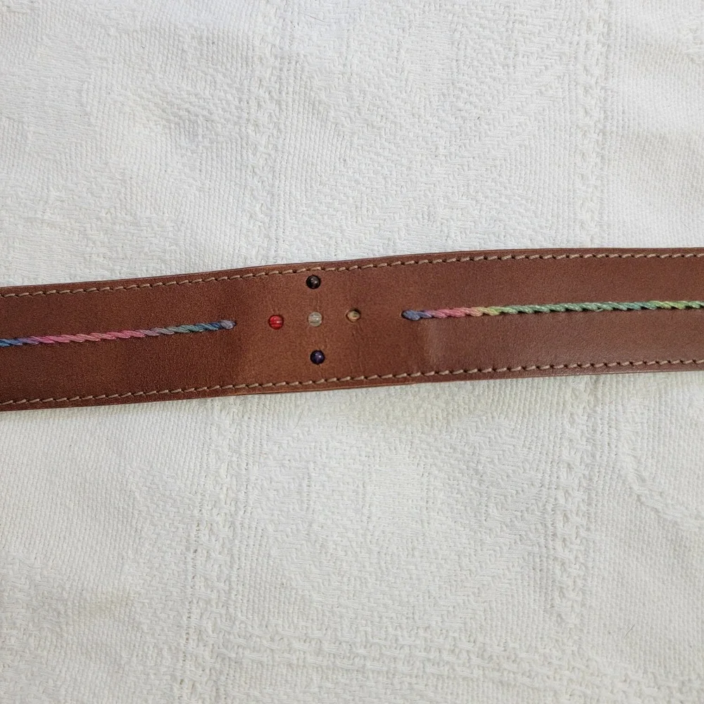 VTG The Limited Wide Brown Leather Belt Made in Italy Rainbow Embroidery Beads L
